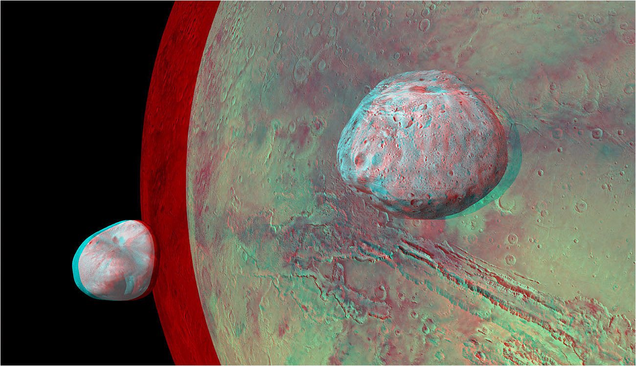 Mars with its moons, Deimos and Phobos. CGI imaging by Lindsay Dawson