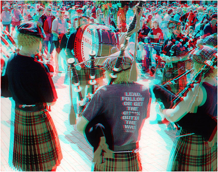 The Premier and District Highland Pipe Band performing in gumboots at the 1st Main Street Sheep Muster in Te Kuiti New Zealand. 3-D Photography by Marc Dawson.