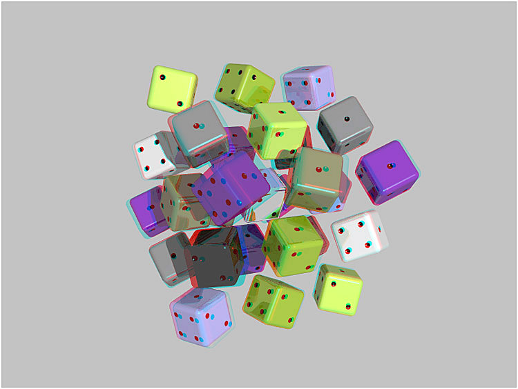 Dice Cluster displaying (ACB) red, green, blue, cyan, magenta and yellow. 3-D CGI by Lindsay Dawson.