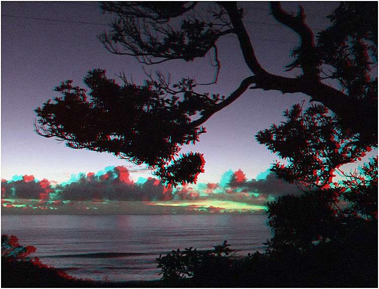 Sunset over Tasman Sea from picnic site, state highway 3 South of Mokau, west coast, North Island New Zealand. Digital 3-D Photography by Marc Dawson.