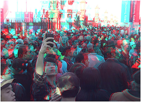The stalled que along the cast iron fence on Quay Street. Digital 3-D Photography by Marc Dawson.