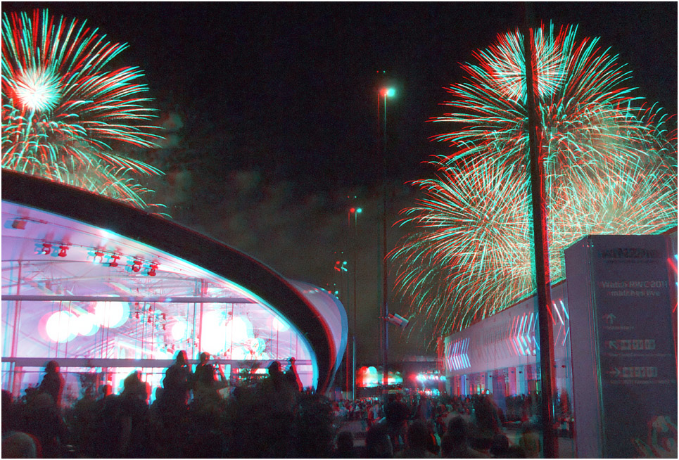 Rugby World Cup '11 Fireworks over the Long White Cloud Pavillion. Digital 3-D Photography by Marc Dawson.