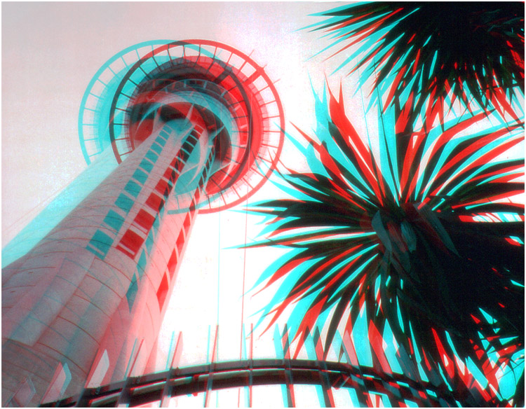 The Sky Tower in Auckland New Zealand stands at 328 metres tall. It is the tallest tower in the Southern Hemisphere and is the 12th tallest tower in the world. 3-D Photography by Marc Dawson.