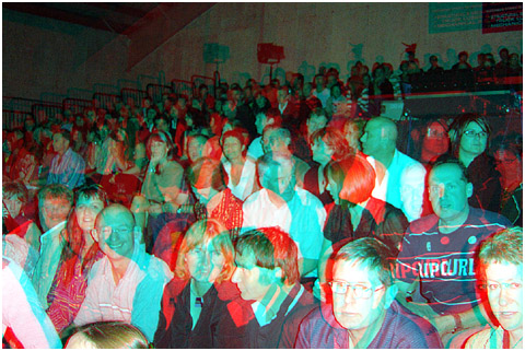 Tim Finn fans wait for the show. 3-D Photography by Marc Dawson.