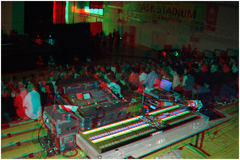 View of the sound desk in the Bleachers before the show. 3-D Photography by Marc Dawson.